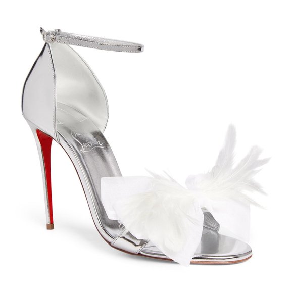 Christian Louboutin ANEMONA 100 Feather Bow Metallic Sandals Heels Shoes - Picture 2 of 16